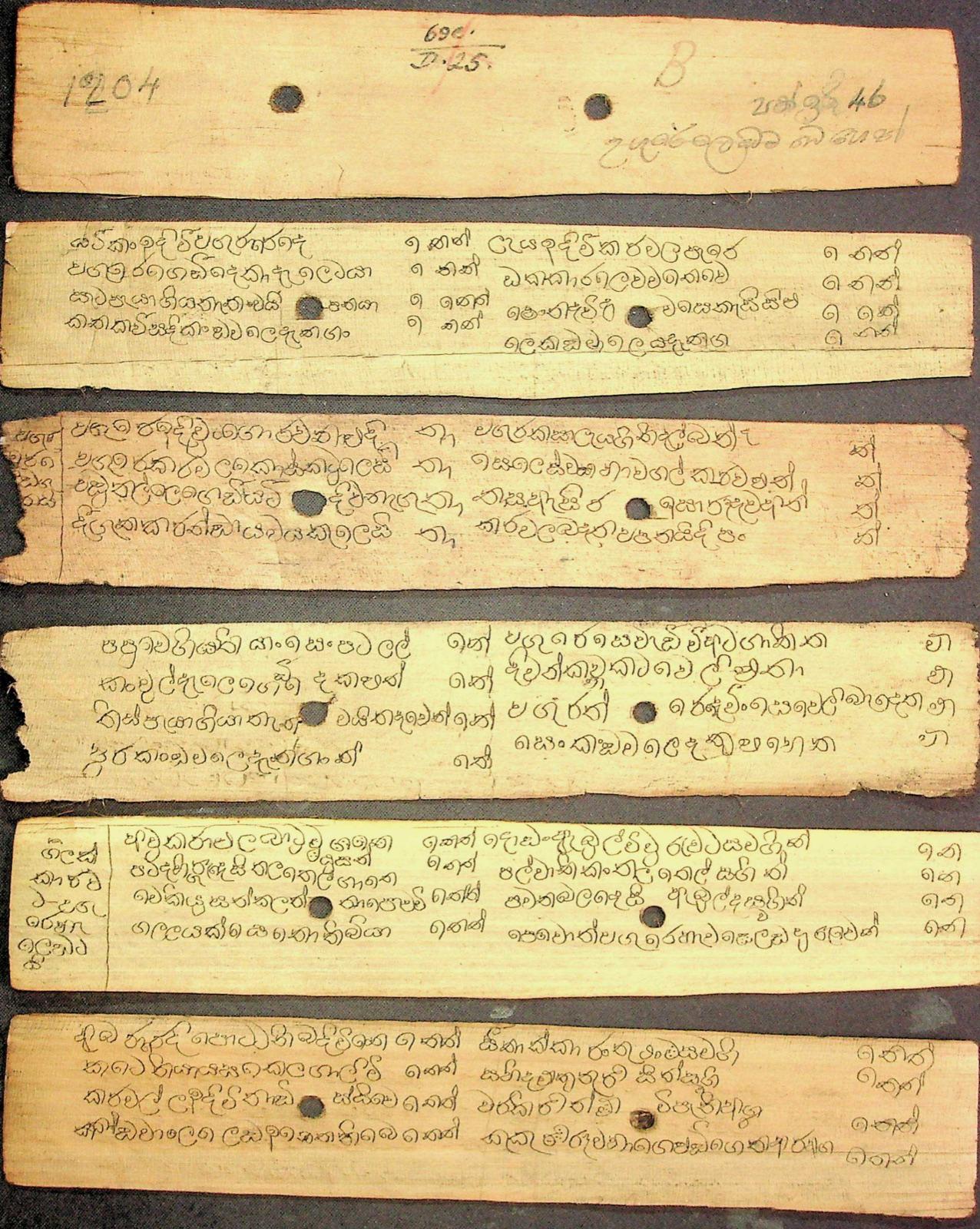Photograph of a stacked palm-leaf (ola) manuscript board from the project corpus, showing six leaf-sides of cursive Sinhala script threaded on string, with visible wear and ink fading.